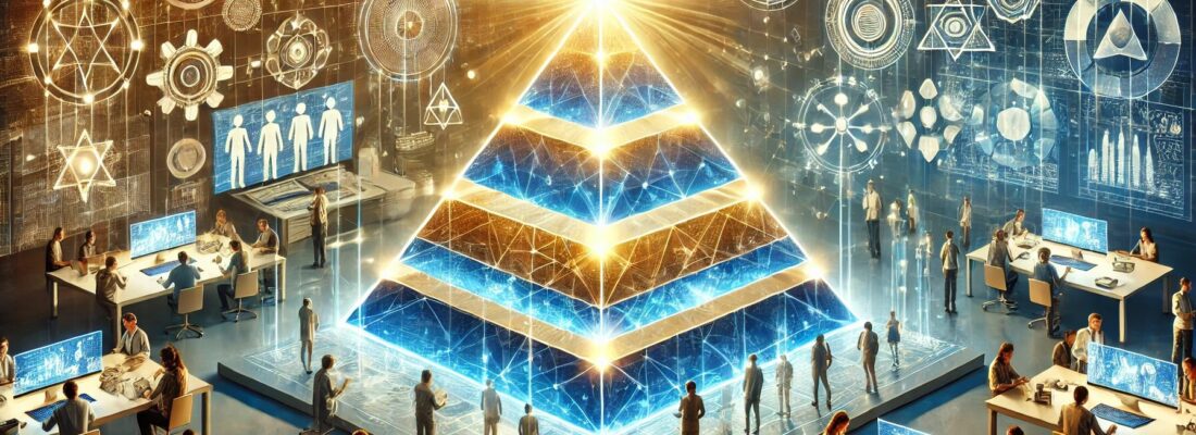 DALL·E 2024-12-09 01.05.34 - A visually compelling, futuristic banner featuring a glowing pyramid with three distinct layers, symbolizing progress and excellence. The base layer r